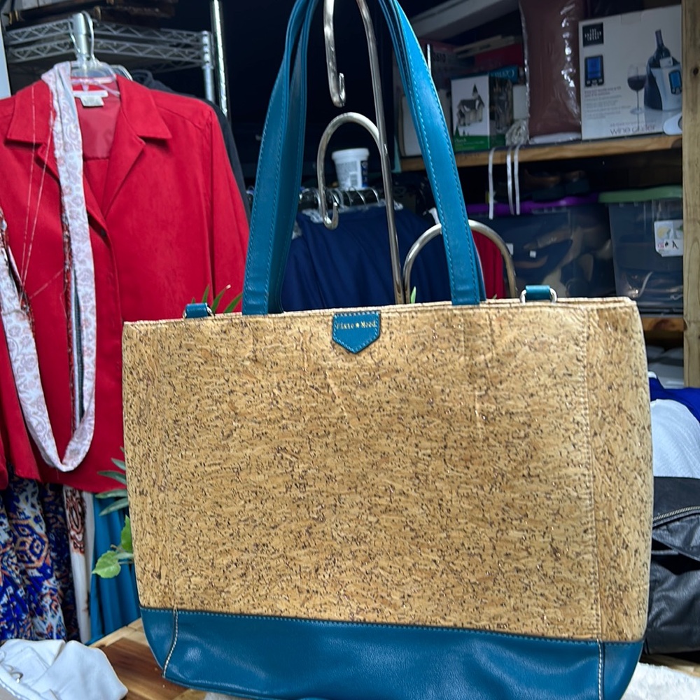 Pixie Mood large tote cork and deep teal with shoulder strap